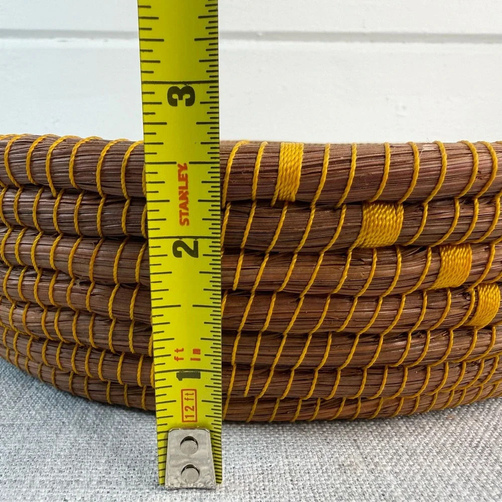 Pine Needle Woven Basket Yellow‎ Brown Cottagecore Round Basket 2 Handles 11